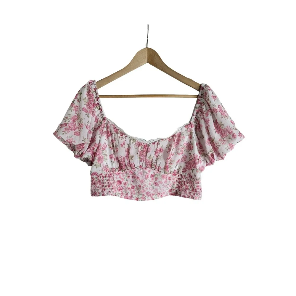 Altar'd State Milla Floral Lace Puff Sleeve Crop Top Pink Princescore  Dollette